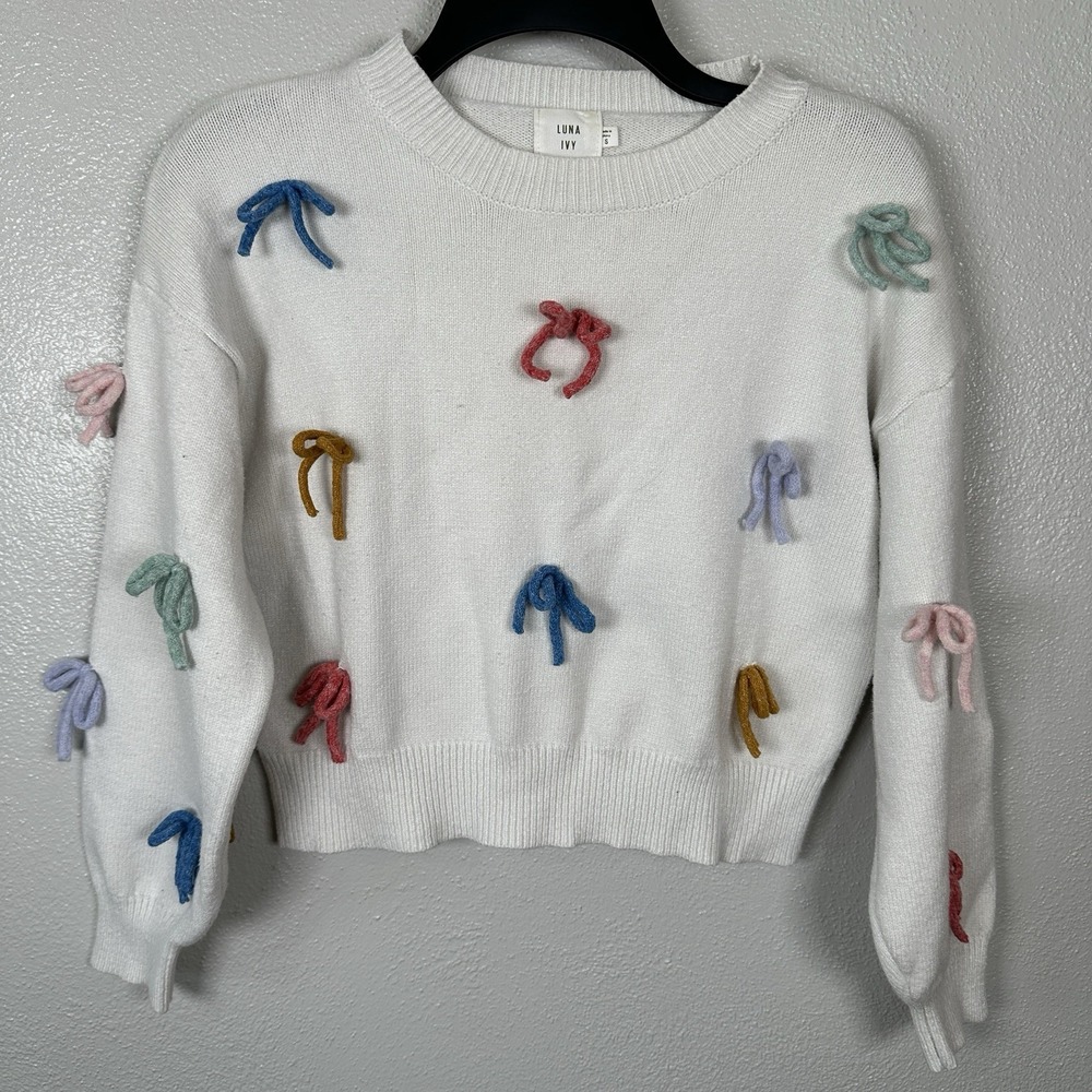 Luna Ivy Sweater Size Small 3D Multicolor Bows Cropped Novelty Crewneck